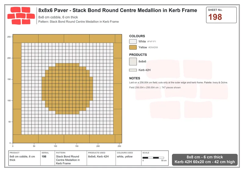 Interlock (Pasco) 8x8 cm · SQ88-198 · Stack Bond Round Centre Medallion in Kerb Frame · Laying plan Interlock (Pasco) 8x8 cm · SQ88-198 · Stack Bond Round Centre Medallion in Kerb Frame · Laying plan