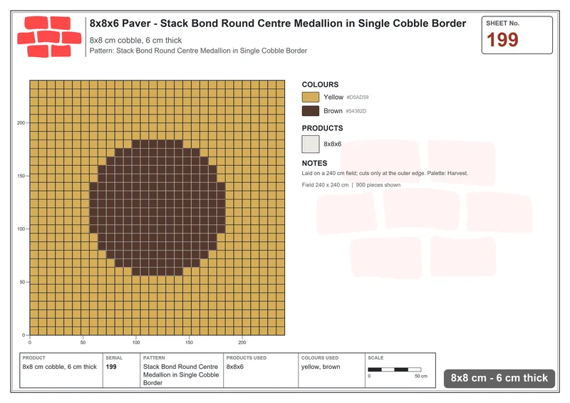 Interlock (Pasco) 8x8 cm · SQ88-199 · Stack Bond Round Centre Medallion in Single Cobble Border · Laying plan Interlock (Pasco) 8x8 cm · SQ88-199 · Stack Bond Round Centre Medallion in Single Cobble Border · Laying plan