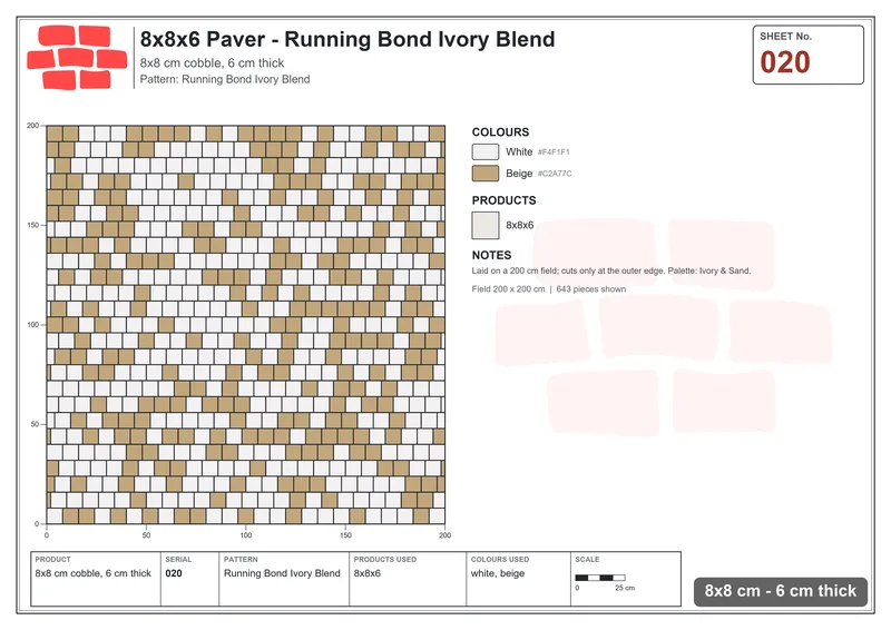 Interlock (Pasco) 8x8 cm · SQ88-20 · Running Bond Ivory Blend · Laying plan Interlock (Pasco) 8x8 cm · SQ88-20 · Running Bond Ivory Blend · Laying plan