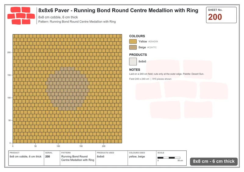 Interlock (Pasco) 8x8 cm · SQ88-200 · Running Bond Round Centre Medallion with Ring · Laying plan Interlock (Pasco) 8x8 cm · SQ88-200 · Running Bond Round Centre Medallion with Ring · Laying plan