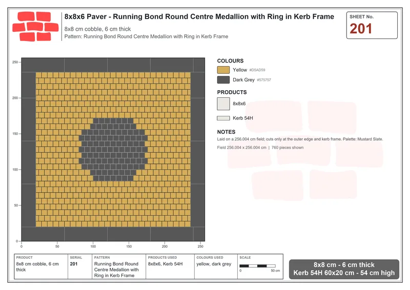 Interlock (Pasco) 8x8 cm · SQ88-201 · Running Bond Round Centre Medallion with Ring in Kerb Frame · Laying plan Interlock (Pasco) 8x8 cm · SQ88-201 · Running Bond Round Centre Medallion with Ring in Kerb Frame · Laying plan