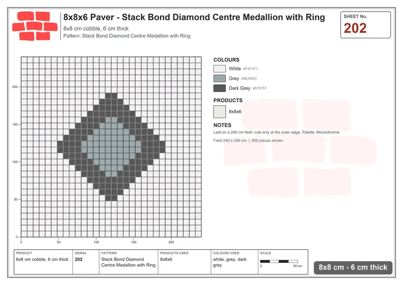 Interlock (Pasco) 8x8 cm · SQ88-202 · Stack Bond Diamond Centre Medallion with Ring · Laying plan Interlock (Pasco) 8x8 cm · SQ88-202 · Stack Bond Diamond Centre Medallion with Ring · Laying plan