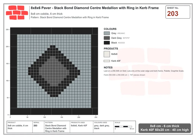 Interlock (Pasco) 8x8 cm · SQ88-203 · Stack Bond Diamond Centre Medallion with Ring in Kerb Frame · Laying plan Interlock (Pasco) 8x8 cm · SQ88-203 · Stack Bond Diamond Centre Medallion with Ring in Kerb Frame · Laying plan