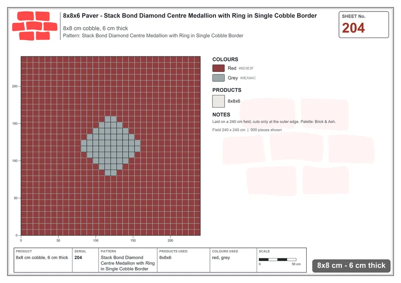 Interlock (Pasco) 8x8 cm · SQ88-204 · Stack Bond Diamond Centre Medallion with Ring in Single Cobble Border · Laying plan Interlock (Pasco) 8x8 cm · SQ88-204 · Stack Bond Diamond Centre Medallion with Ring in Single Cobble Border · Laying plan