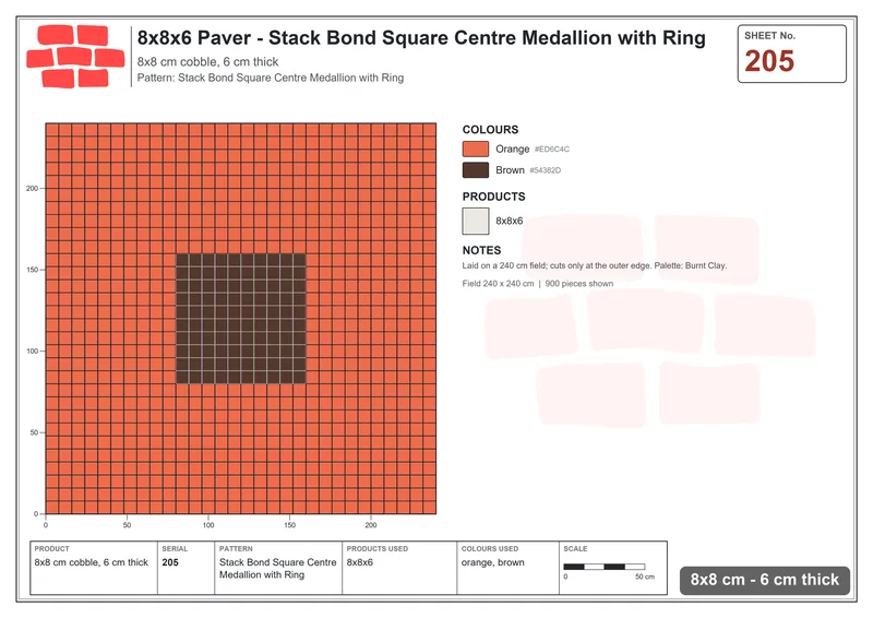 Interlock (Pasco) 8x8 cm · SQ88-205 · Stack Bond Square Centre Medallion with Ring · Laying plan Interlock (Pasco) 8x8 cm · SQ88-205 · Stack Bond Square Centre Medallion with Ring · Laying plan