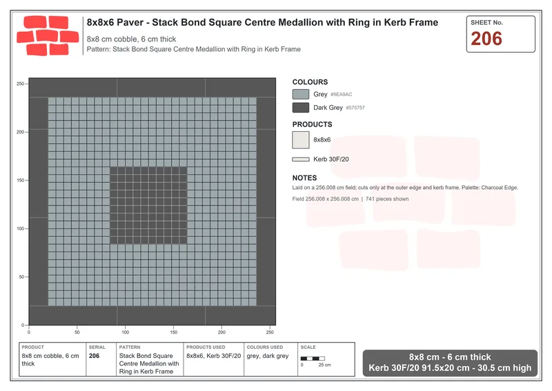 Interlock (Pasco) 8x8 cm · SQ88-206 · Stack Bond Square Centre Medallion with Ring in Kerb Frame · Laying plan Interlock (Pasco) 8x8 cm · SQ88-206 · Stack Bond Square Centre Medallion with Ring in Kerb Frame · Laying plan