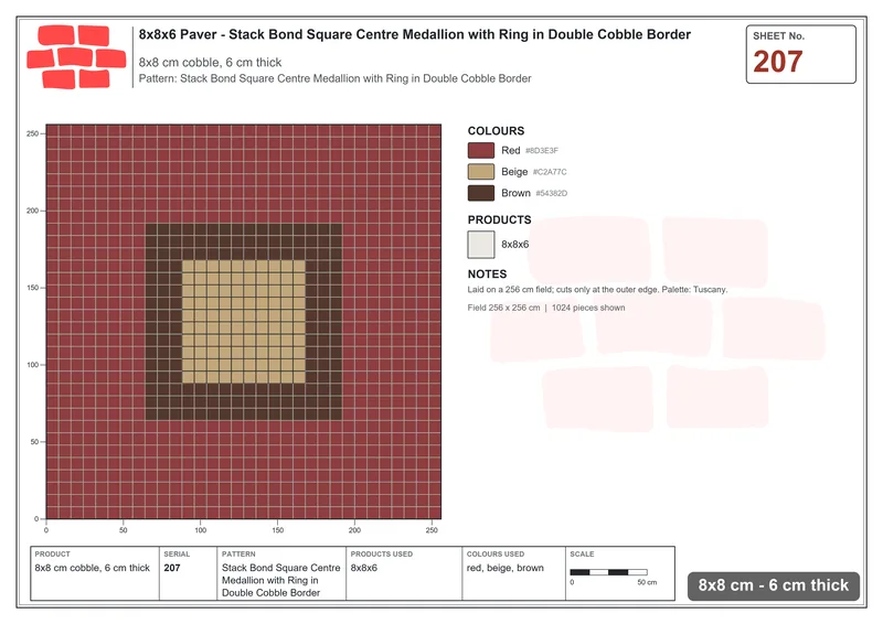 Interlock (Pasco) 8x8 cm · SQ88-207 · Stack Bond Square Centre Medallion with Ring in Double Cobble Border · Laying plan Interlock (Pasco) 8x8 cm · SQ88-207 · Stack Bond Square Centre Medallion with Ring in Double Cobble Border · Laying plan