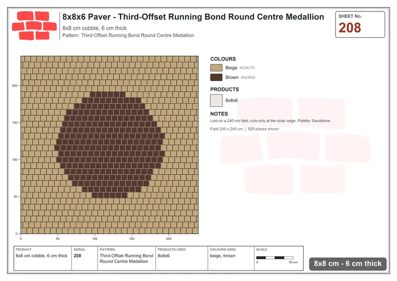 Interlock (Pasco) 8x8 cm · SQ88-208 · Third-Offset Running Bond Round Centre Medallion · Laying plan Interlock (Pasco) 8x8 cm · SQ88-208 · Third-Offset Running Bond Round Centre Medallion · Laying plan