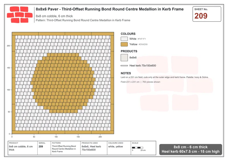 Interlock (Pasco) 8x8 cm · SQ88-209 · Third-Offset Running Bond Round Centre Medallion in Kerb Frame · Laying plan Interlock (Pasco) 8x8 cm · SQ88-209 · Third-Offset Running Bond Round Centre Medallion in Kerb Frame · Laying plan