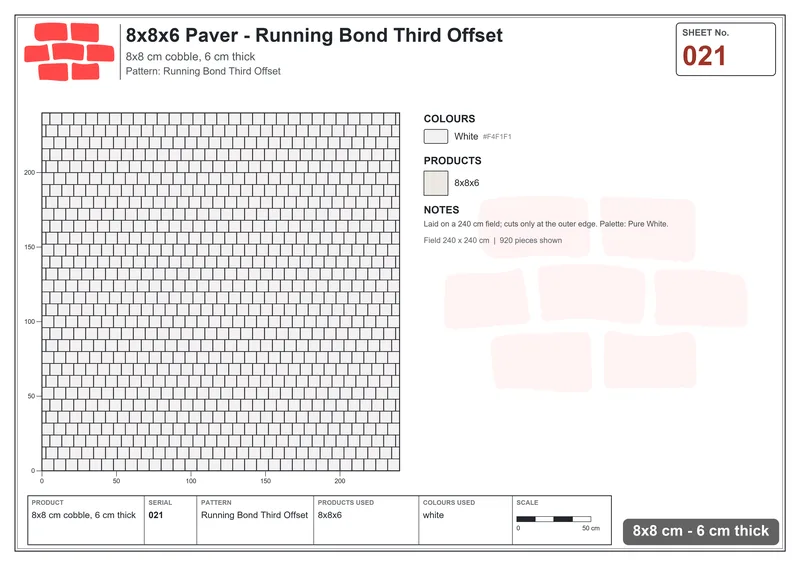 Interlock (Pasco) 8x8 cm · SQ88-21 · Running Bond Third Offset · Laying plan Interlock (Pasco) 8x8 cm · SQ88-21 · Running Bond Third Offset · Laying plan