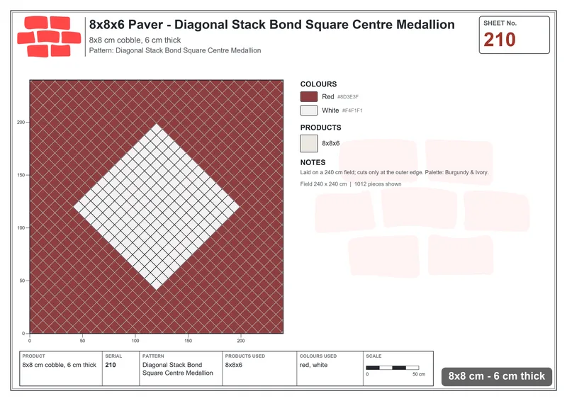 Interlock (Pasco) 8x8 cm · SQ88-210 · Diagonal Stack Bond Square Centre Medallion · Laying plan Interlock (Pasco) 8x8 cm · SQ88-210 · Diagonal Stack Bond Square Centre Medallion · Laying plan