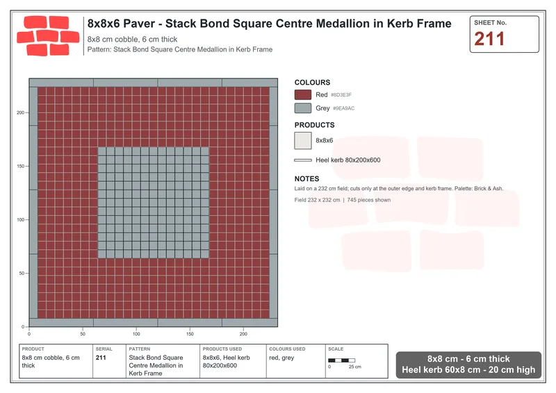 Interlock (Pasco) 8x8 cm · SQ88-211 · Stack Bond Square Centre Medallion in Kerb Frame · Laying plan Interlock (Pasco) 8x8 cm · SQ88-211 · Stack Bond Square Centre Medallion in Kerb Frame · Laying plan