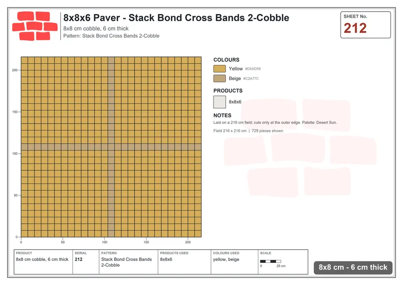 Interlock (Pasco) 8x8 cm · SQ88-212 · Stack Bond Cross Bands 2-Cobble · Laying plan Interlock (Pasco) 8x8 cm · SQ88-212 · Stack Bond Cross Bands 2-Cobble · Laying plan