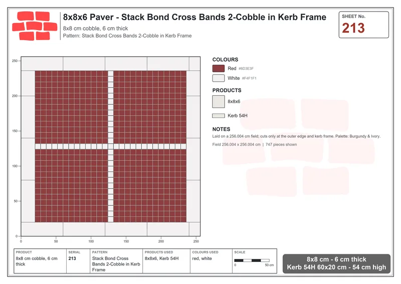 Interlock (Pasco) 8x8 cm · SQ88-213 · Stack Bond Cross Bands 2-Cobble in Kerb Frame · Laying plan Interlock (Pasco) 8x8 cm · SQ88-213 · Stack Bond Cross Bands 2-Cobble in Kerb Frame · Laying plan