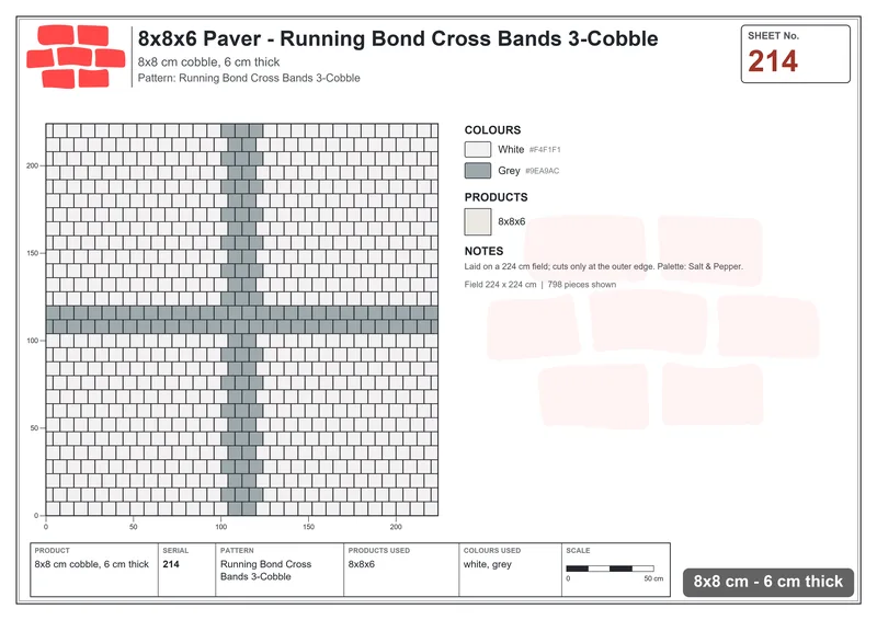 Interlock (Pasco) 8x8 cm · SQ88-214 · Running Bond Cross Bands 3-Cobble · Laying plan Interlock (Pasco) 8x8 cm · SQ88-214 · Running Bond Cross Bands 3-Cobble · Laying plan