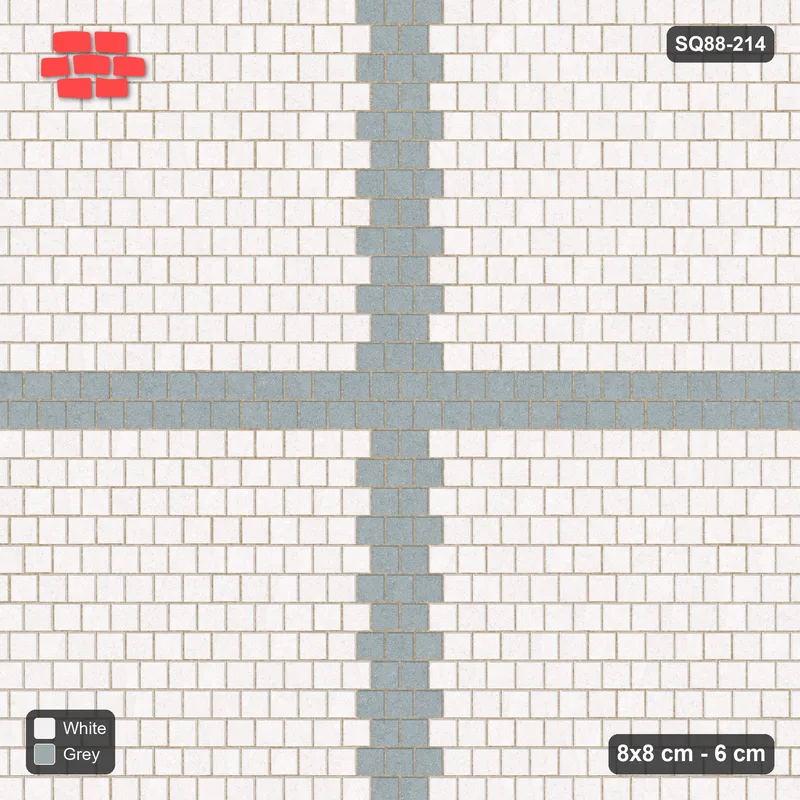 Interlock (Pasco) 8x8 cm · SQ88-214 · Running Bond Cross Bands 3-Cobble · Top view Interlock (Pasco) 8x8 cm · SQ88-214 · Running Bond Cross Bands 3-Cobble · Top view