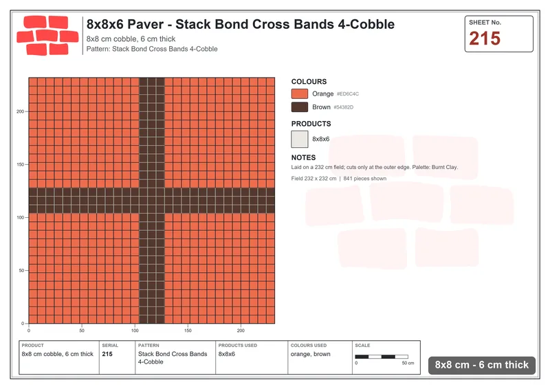 Interlock (Pasco) 8x8 cm · SQ88-215 · Stack Bond Cross Bands 4-Cobble · Laying plan Interlock (Pasco) 8x8 cm · SQ88-215 · Stack Bond Cross Bands 4-Cobble · Laying plan