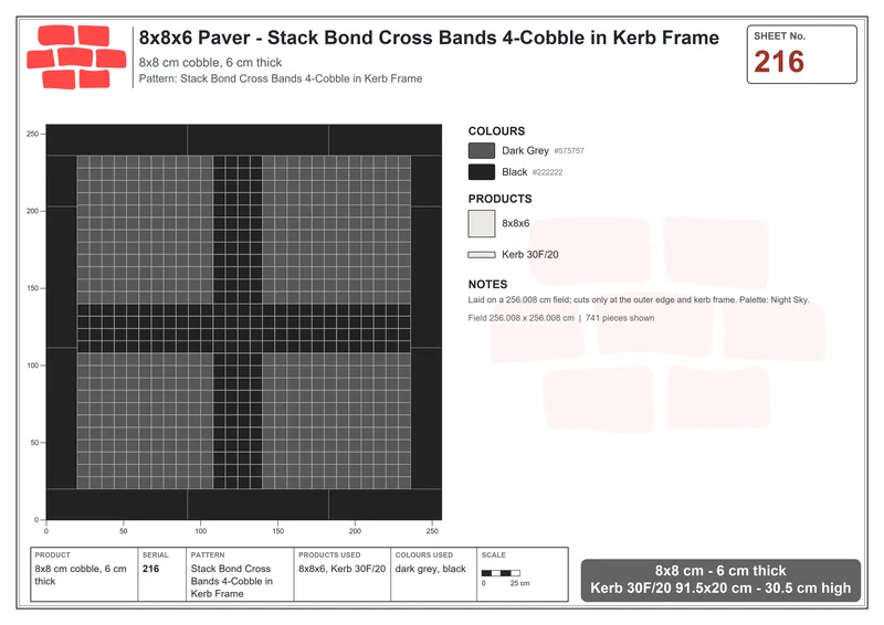 Interlock (Pasco) 8x8 cm · SQ88-216 · Stack Bond Cross Bands 4-Cobble in Kerb Frame · Laying plan Interlock (Pasco) 8x8 cm · SQ88-216 · Stack Bond Cross Bands 4-Cobble in Kerb Frame · Laying plan