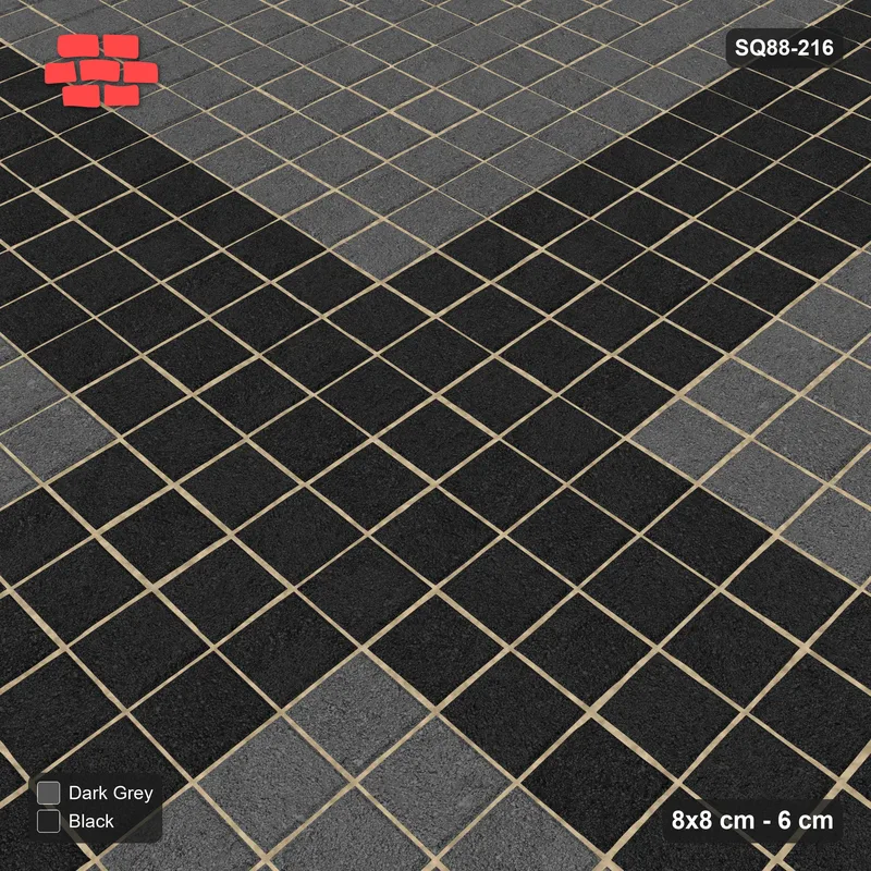 Interlock (Pasco) 8x8 cm · SQ88-216 · Stack Bond Cross Bands 4-Cobble in Kerb Frame · Side view Interlock (Pasco) 8x8 cm · SQ88-216 · Stack Bond Cross Bands 4-Cobble in Kerb Frame · Side view