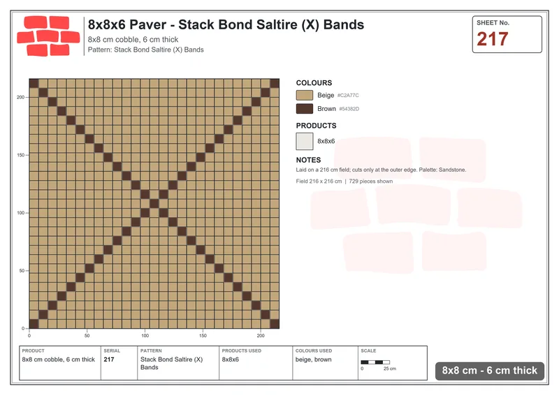 Interlock (Pasco) 8x8 cm · SQ88-217 · Stack Bond Saltire (X) Bands · Laying plan Interlock (Pasco) 8x8 cm · SQ88-217 · Stack Bond Saltire (X) Bands · Laying plan