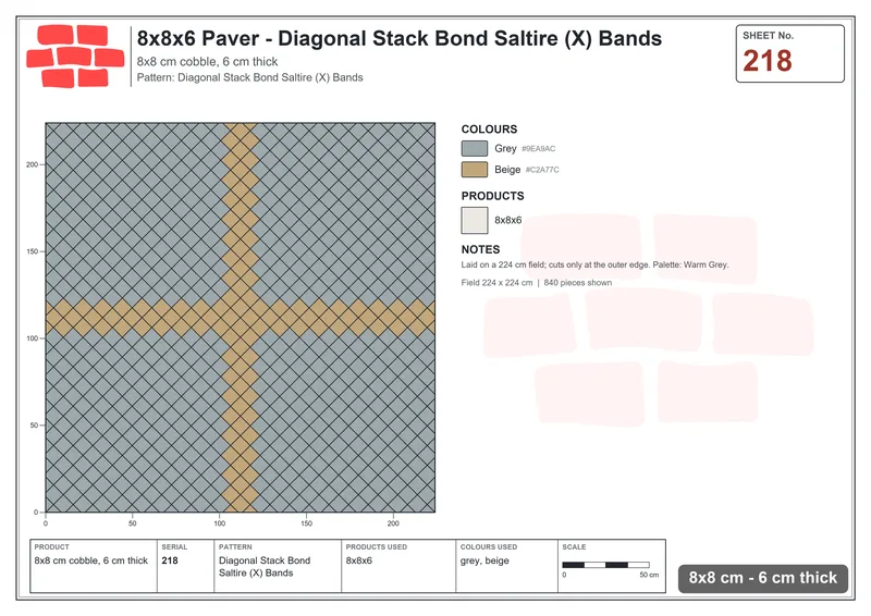 Interlock (Pasco) 8x8 cm · SQ88-218 · Diagonal Stack Bond Saltire (X) Bands · Laying plan Interlock (Pasco) 8x8 cm · SQ88-218 · Diagonal Stack Bond Saltire (X) Bands · Laying plan