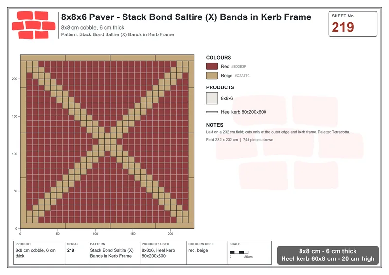 Interlock (Pasco) 8x8 cm · SQ88-219 · Stack Bond Saltire (X) Bands in Kerb Frame · Laying plan Interlock (Pasco) 8x8 cm · SQ88-219 · Stack Bond Saltire (X) Bands in Kerb Frame · Laying plan