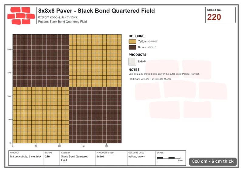 Interlock (Pasco) 8x8 cm · SQ88-220 · Stack Bond Quartered Field · Laying plan Interlock (Pasco) 8x8 cm · SQ88-220 · Stack Bond Quartered Field · Laying plan