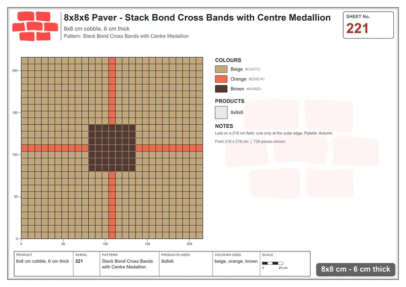 Interlock (Pasco) 8x8 cm · SQ88-221 · Stack Bond Cross Bands with Centre Medallion · Laying plan Interlock (Pasco) 8x8 cm · SQ88-221 · Stack Bond Cross Bands with Centre Medallion · Laying plan
