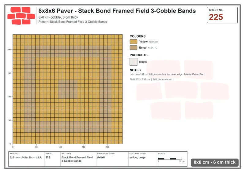 Interlock (Pasco) 8x8 cm · SQ88-225 · Stack Bond Framed Field 3-Cobble Bands · Laying plan Interlock (Pasco) 8x8 cm · SQ88-225 · Stack Bond Framed Field 3-Cobble Bands · Laying plan