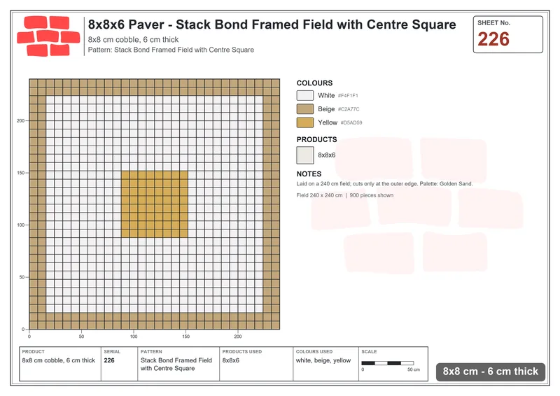 Interlock (Pasco) 8x8 cm · SQ88-226 · Stack Bond Framed Field with Centre Square · Laying plan Interlock (Pasco) 8x8 cm · SQ88-226 · Stack Bond Framed Field with Centre Square · Laying plan