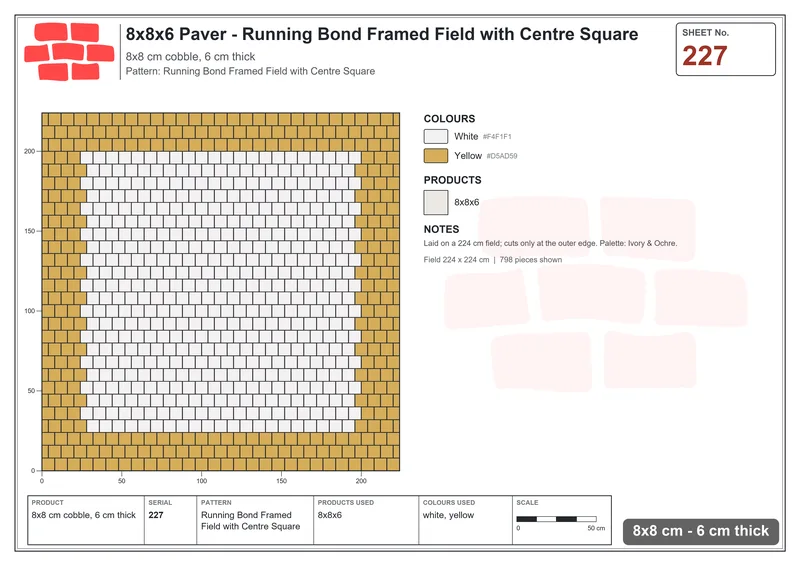Interlock (Pasco) 8x8 cm · SQ88-227 · Running Bond Framed Field with Centre Square · Laying plan Interlock (Pasco) 8x8 cm · SQ88-227 · Running Bond Framed Field with Centre Square · Laying plan