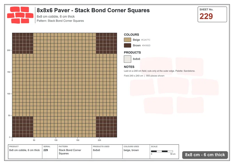 Interlock (Pasco) 8x8 cm · SQ88-229 · Stack Bond Corner Squares · Laying plan Interlock (Pasco) 8x8 cm · SQ88-229 · Stack Bond Corner Squares · Laying plan