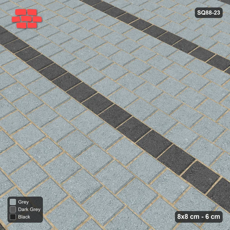 Interlock (Pasco) 8x8 cm · SQ88-23 · Running Bond Dark Courses in Black Kerb Frame · Side view Interlock (Pasco) 8x8 cm · SQ88-23 · Running Bond Dark Courses in Black Kerb Frame · Side view