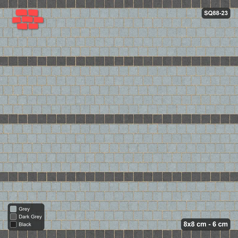Interlock (Pasco) 8x8 cm · SQ88-23 · Running Bond Dark Courses in Black Kerb Frame · Top view Interlock (Pasco) 8x8 cm · SQ88-23 · Running Bond Dark Courses in Black Kerb Frame · Top view