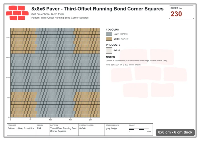 Interlock (Pasco) 8x8 cm · SQ88-230 · Third-Offset Running Bond Corner Squares · Laying plan Interlock (Pasco) 8x8 cm · SQ88-230 · Third-Offset Running Bond Corner Squares · Laying plan