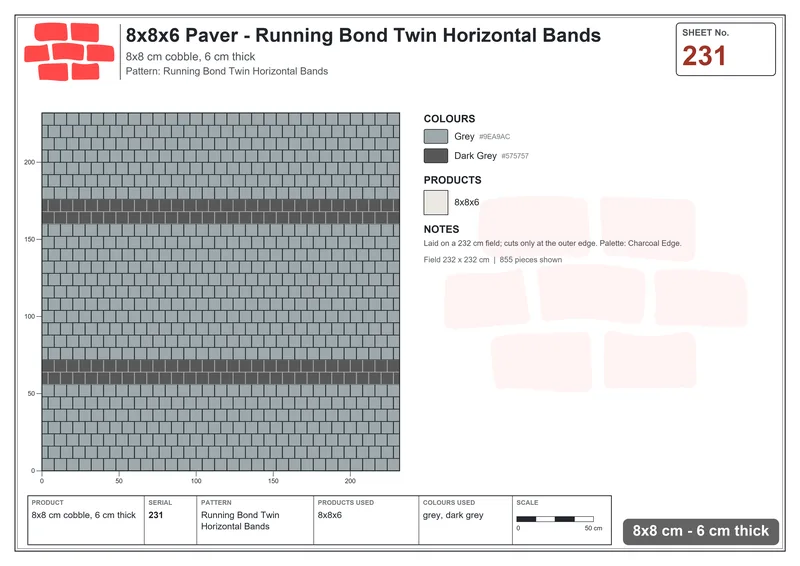 Interlock (Pasco) 8x8 cm · SQ88-231 · Running Bond Twin Horizontal Bands · Laying plan Interlock (Pasco) 8x8 cm · SQ88-231 · Running Bond Twin Horizontal Bands · Laying plan