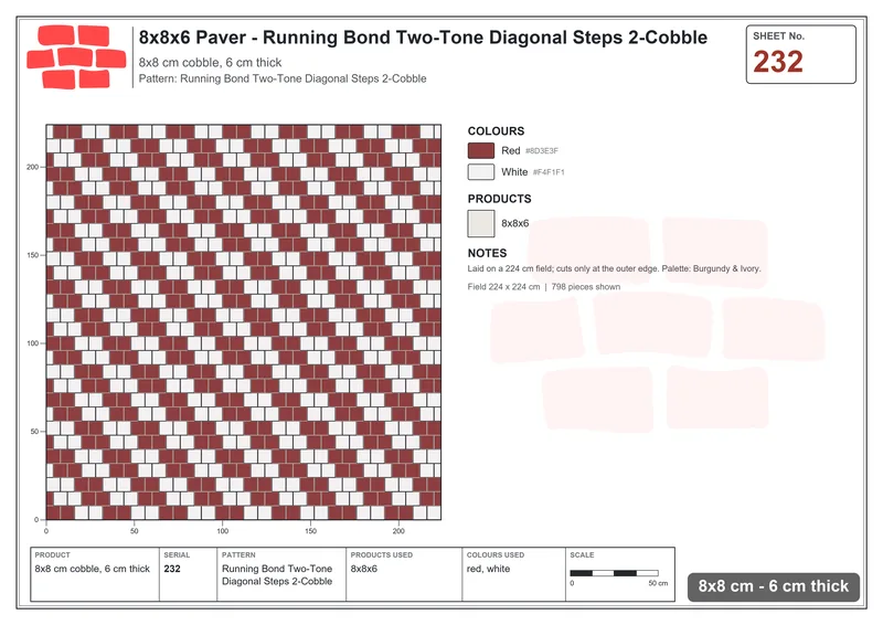 Interlock (Pasco) 8x8 cm · SQ88-232 · Running Bond Two-Tone Diagonal Steps 2-Cobble · Laying plan Interlock (Pasco) 8x8 cm · SQ88-232 · Running Bond Two-Tone Diagonal Steps 2-Cobble · Laying plan