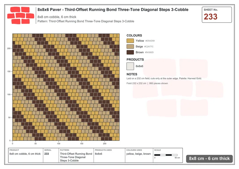 Interlock (Pasco) 8x8 cm · SQ88-233 · Third-Offset Running Bond Three-Tone Diagonal Steps 3-Cobble · Laying plan Interlock (Pasco) 8x8 cm · SQ88-233 · Third-Offset Running Bond Three-Tone Diagonal Steps 3-Cobble · Laying plan