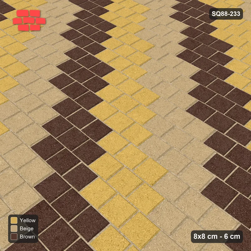 Interlock (Pasco) 8x8 cm · SQ88-233 · Third-Offset Running Bond Three-Tone Diagonal Steps 3-Cobble · Side view Interlock (Pasco) 8x8 cm · SQ88-233 · Third-Offset Running Bond Three-Tone Diagonal Steps 3-Cobble · Side view