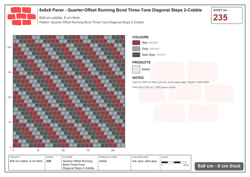 Interlock (Pasco) 8x8 cm · SQ88-235 · Quarter-Offset Running Bond Three-Tone Diagonal Steps 2-Cobble · Laying plan Interlock (Pasco) 8x8 cm · SQ88-235 · Quarter-Offset Running Bond Three-Tone Diagonal Steps 2-Cobble · Laying plan