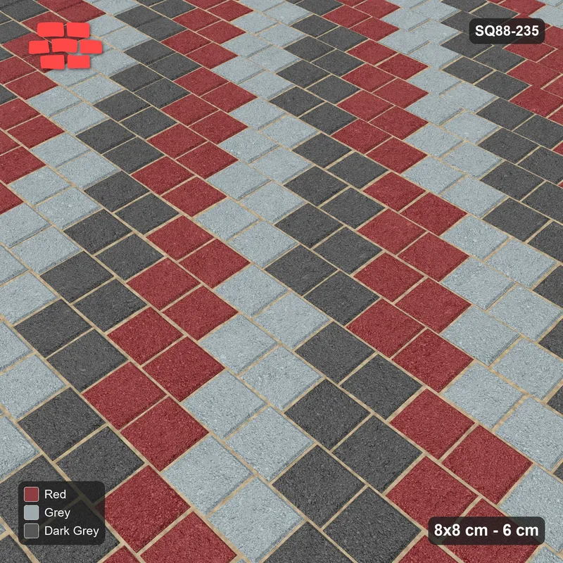Interlock (Pasco) 8x8 cm · SQ88-235 · Quarter-Offset Running Bond Three-Tone Diagonal Steps 2-Cobble · Side view Interlock (Pasco) 8x8 cm · SQ88-235 · Quarter-Offset Running Bond Three-Tone Diagonal Steps 2-Cobble · Side view