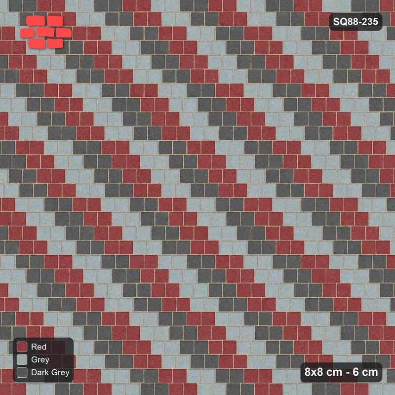 Interlock (Pasco) 8x8 cm · SQ88-235 · Quarter-Offset Running Bond Three-Tone Diagonal Steps 2-Cobble · Top view Interlock (Pasco) 8x8 cm · SQ88-235 · Quarter-Offset Running Bond Three-Tone Diagonal Steps 2-Cobble · Top view
