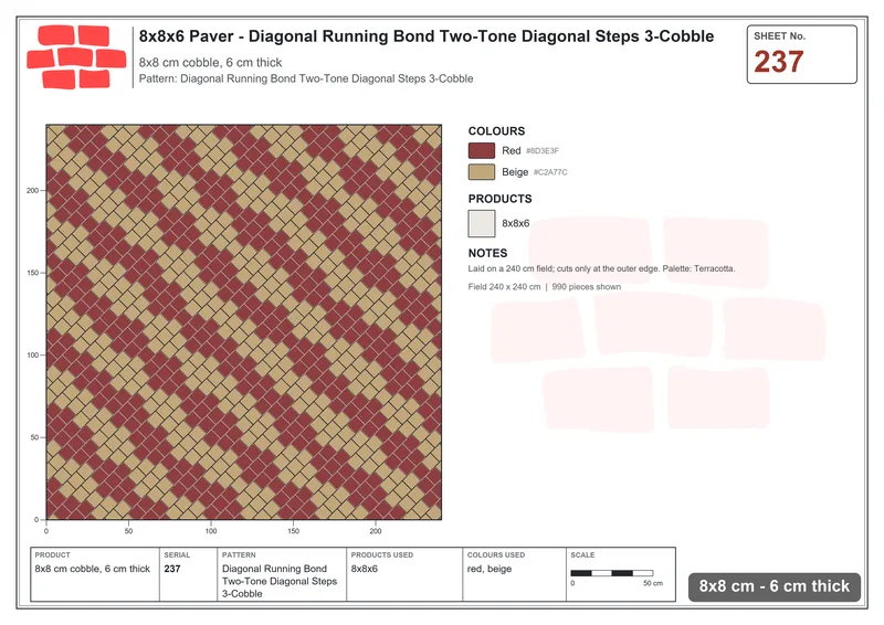 Interlock (Pasco) 8x8 cm · SQ88-237 · Diagonal Running Bond Two-Tone Diagonal Steps 3-Cobble · Laying plan Interlock (Pasco) 8x8 cm · SQ88-237 · Diagonal Running Bond Two-Tone Diagonal Steps 3-Cobble · Laying plan