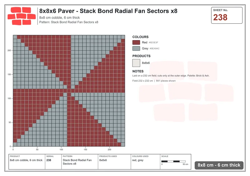 Interlock (Pasco) 8x8 cm · SQ88-238 · Stack Bond Radial Fan Sectors x8 · Laying plan Interlock (Pasco) 8x8 cm · SQ88-238 · Stack Bond Radial Fan Sectors x8 · Laying plan