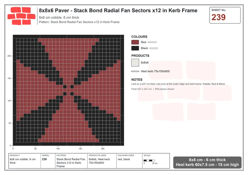 Interlock (Pasco) 8x8 cm · SQ88-239 · Stack Bond Radial Fan Sectors x12 in Kerb Frame · Laying plan Interlock (Pasco) 8x8 cm · SQ88-239 · Stack Bond Radial Fan Sectors x12 in Kerb Frame · Laying plan