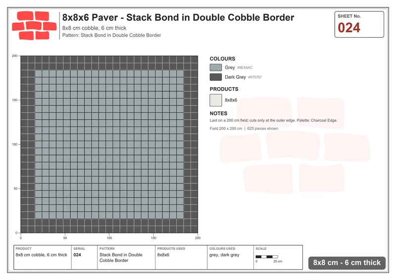Interlock (Pasco) 8x8 cm · SQ88-24 · Stack Bond in Double Cobble Border · Laying plan Interlock (Pasco) 8x8 cm · SQ88-24 · Stack Bond in Double Cobble Border · Laying plan
