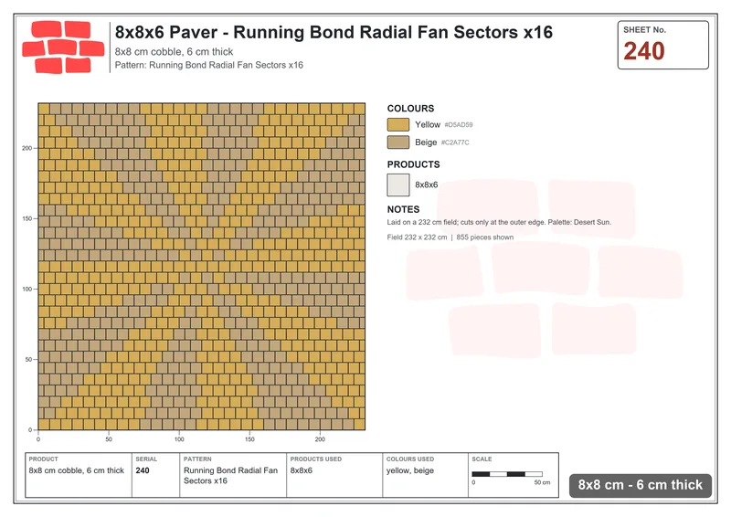 Interlock (Pasco) 8x8 cm · SQ88-240 · Running Bond Radial Fan Sectors x16 · Laying plan Interlock (Pasco) 8x8 cm · SQ88-240 · Running Bond Radial Fan Sectors x16 · Laying plan