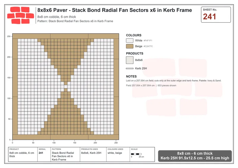 Interlock (Pasco) 8x8 cm · SQ88-241 · Stack Bond Radial Fan Sectors x6 in Kerb Frame · Laying plan Interlock (Pasco) 8x8 cm · SQ88-241 · Stack Bond Radial Fan Sectors x6 in Kerb Frame · Laying plan