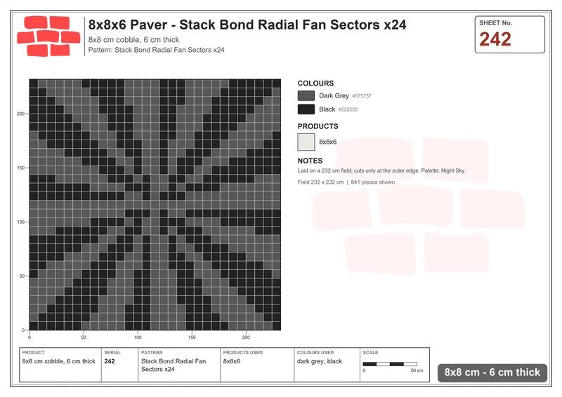 Interlock (Pasco) 8x8 cm · SQ88-242 · Stack Bond Radial Fan Sectors x24 · Laying plan Interlock (Pasco) 8x8 cm · SQ88-242 · Stack Bond Radial Fan Sectors x24 · Laying plan
