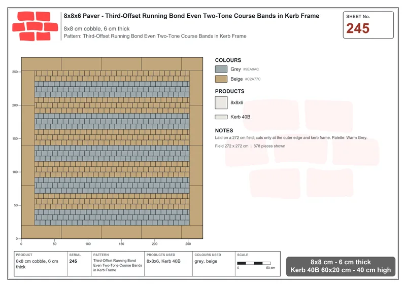 Interlock (Pasco) 8x8 cm · SQ88-245 · Third-Offset Running Bond Even Two-Tone Course Bands in Kerb Frame · Laying plan Interlock (Pasco) 8x8 cm · SQ88-245 · Third-Offset Running Bond Even Two-Tone Course Bands in Kerb Frame · Laying plan